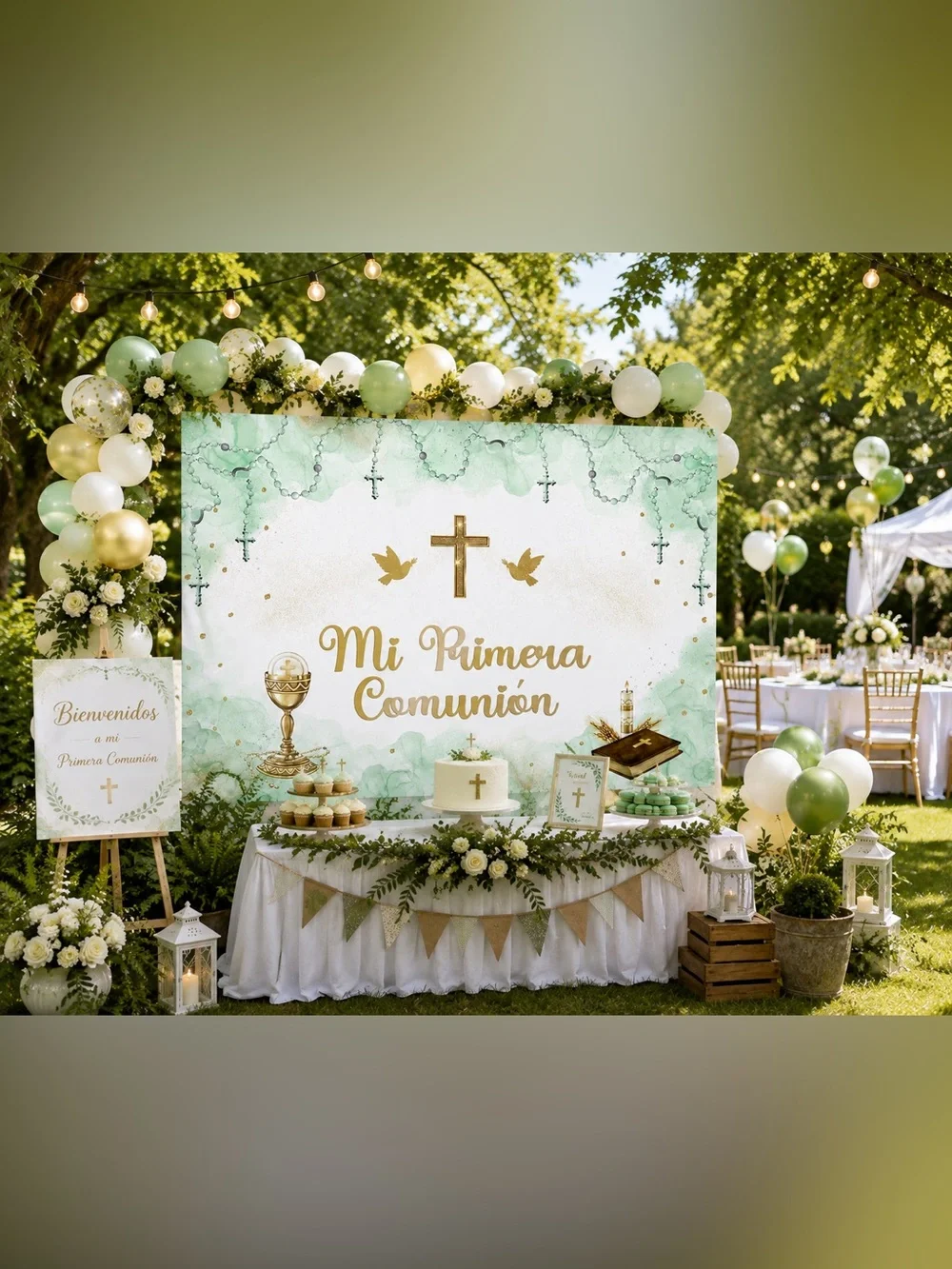 Mi Primera Comunión Green & Gold Backdrop - First Communion Party Decor 7x5ft